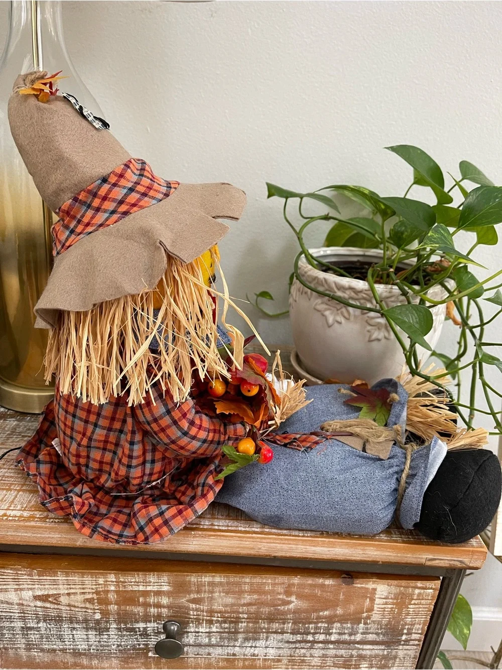 Fiberoptic Scarecrow Sitting Halloween Decoration Lights Up Cute Happy Pumpkin